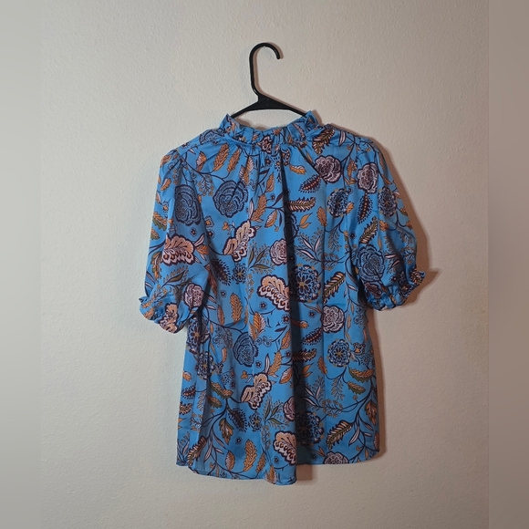 Entro Blue Floral Puff Sleeve Blouse Boho Cottagecore New Size Medium - Picture 2 of 4